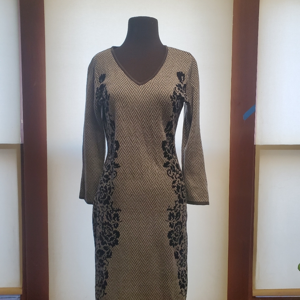 Grey Chevron Black Rose Long Sleeve Sweater Dress